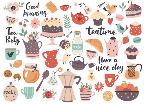 Teatime element set: cups, teapots, sweets and kitchen utensils. Perfect for scrapbooking, greeting card, party invitation, poster, tag, sticker kit. Hand drawn vector illustration. 