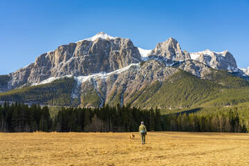 Fototapeta na wymiar A woman is walking the dog in Quarry Lake Park in late autumn season sunny day morning. Snow capped Mount Rundle mountains in the background. Canmore, Alberta, Canada.