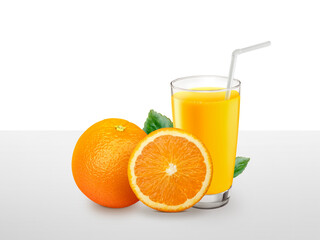 Glass of 100% Orange juice with pulp and sliced fruits on white table