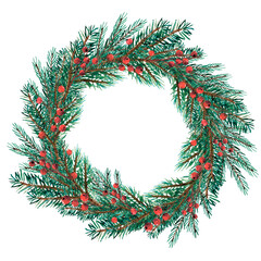 Fototapeta na wymiar Watercolor hand painted Christmas wreath. Illustration isolated on white background. Design for logo, textile, print, holiday decor, Christmas decor