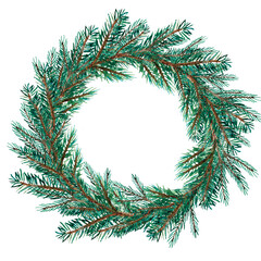 Fototapeta na wymiar Watercolor hand painted Christmas wreath. Illustration isolated on white background. Design for logo, textile, print, holiday decor, Christmas decor