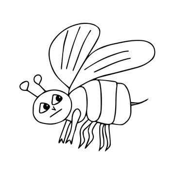 Hand-drawn black vector illustration of one bee is flying on a white background