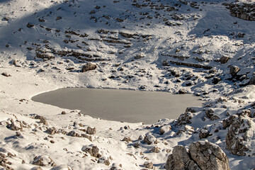 Frozen glaciers lake in high mountains, Julian alps	