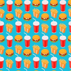 Fast-food Seamless Isometric Vector Pattern, Cola, Burger and French Fries