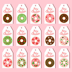 Set of tags with Christmas donuts and lettering 