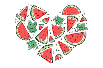 Illustration colourful watermelon slices in the shape of a heart. Doodle style. Isolated object on white background.