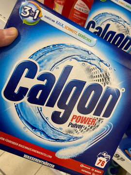 Viersen, Germany - May 9. 2020: Close up of packet Calgon dishwasher tabs in shelf of german supermarket (focus on left part of box)
