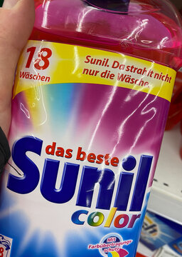 Viersen, Germany - May 9. 2020: Close up of packet Sunil cloth washing agent in shelf of german supermarket