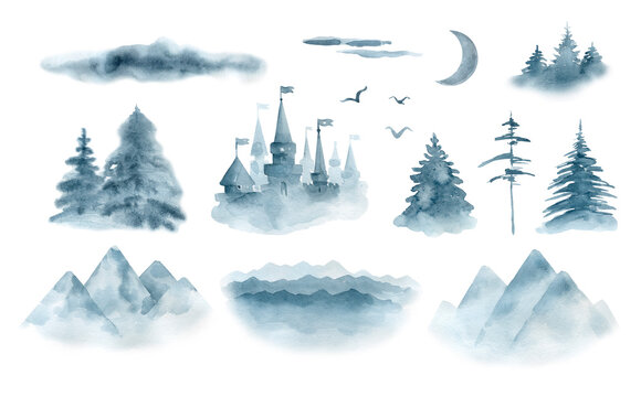 .Set of Winter spruces,mountaines, clouds,fairytale castel,isolated on white background.Watercolor illustration.