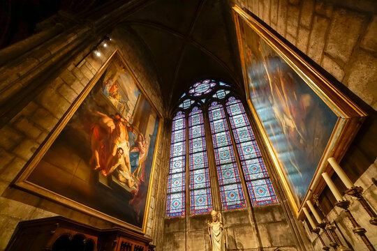 Paris, France- circa May, 2017: Interior view of Notre-Dame Cathedral, a historic Catholic cathedral considered to be one of the finest examples of French Gothic architecture in Paris, France