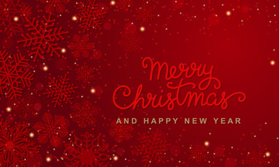 Christmas greeting card with hand drawn lettering, snowflakes and snow. Merry Christmas calligraphy script. Abstract red background. Winter holiday vector