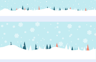 Trees are seen on a rolling snow covered hillside landscape as snowfalls from the sky. Two images include a long horizontal banner and a horizontal of a similar scene.