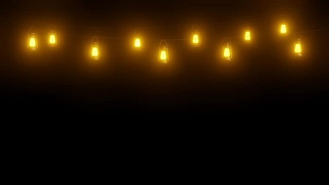 Old oil lamp pattern with glowing light. Group of hanging and shining kerosine lamps isolated on black background. 3D rendering motion animation.