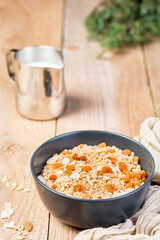 Healthy clean food, diet and fitness nutrition. Balanced nutrition, healthy breakfast concept. Homemade muesli and granola ingredients on the table. Close-up, selective focus