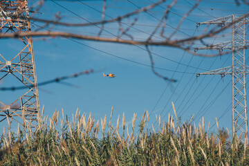 Helicóptero visto a través de ramas en la distancia. Volando entre torres eléctricas de alta...
