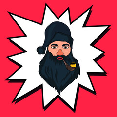 Santa black.
Beard Smoking pipe. Vector illustration on red background