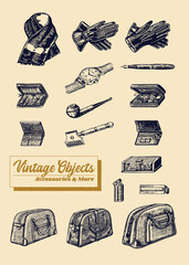 Vintage Objects, Accessories and More engraving style drawings of old stuff - 400020130
