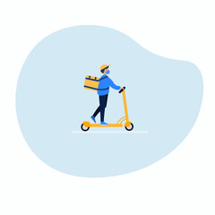 Electronic scooter delivering order to home and office with man in respiratory mask. Online order service concept. Vector illustration in cartoon flat style.