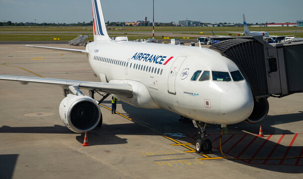 Warsaw, Poland - August 14, 2020: A picture of an Air France plane parked in the Warsaw Chopin Airport.