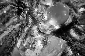 Weihnachtskugel auf dem Christbaum, Christbaumschmuck,  Winterliche, festliche Weihnachtsgrußkarte, Einladung zum Familienfest