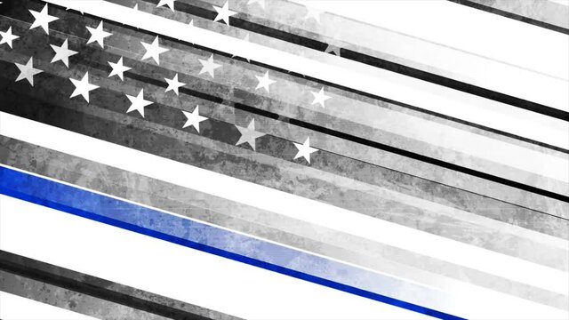Grunge black concept USA flag with blue stripe. American police force sign abstract motion background. Seamless looping. Video animation Ultra HD 4K 3840x2160
