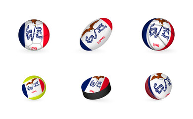Sports equipment with flag of Iowa. Sports icon set.