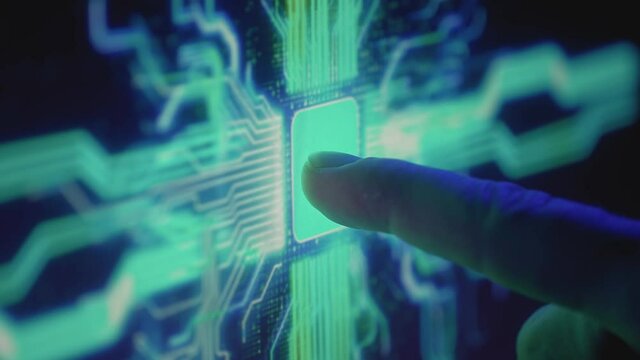 Digitalization Concept: Man presses a digital button on a touch screen. Activates artificial intelligence. A person launches machine learning of a neural network. Modern computer technologies