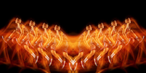 Young purposeful basketball player training in action on black background with fire flames. Mirror,...