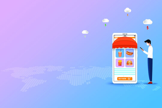 Concept of fast food delivery service, young man wear a medical face mask and hold a smartphone to order fast food (sparkling water, hot dog with mustard, hamburger and french fries).