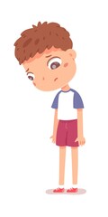 Sad kid losing at sport competition or game. Lonely boy standing with distraught face. School student portrait vector illustration. Upset child isolated on white background