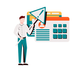 Man holding triangular warning sign with exclamation mark. Concept of fatal error, operating system failure, program crash, critical alert message. Modern flat colorful vector illustration for banner.