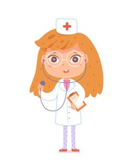 Little girl with doctor or nurse profession. Cute kid with professional occupation vector illustration. Child as medical worker with stethoscope and tablet on white background