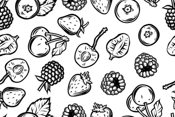 Seamless pattern of various berries, vector, monochrome