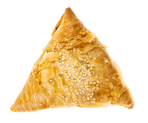 baked Samsa (savoury pastry stuffed with minced meat and chopped onion in Central Asian cuisine)...