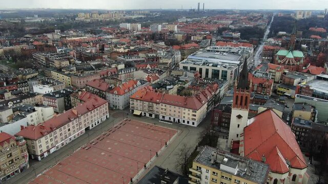 Aerial Main Square In Bytom Poland With Church