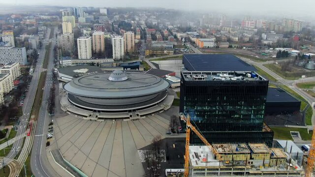Aerial Katowice Construction Next To Spodek Building 4K
