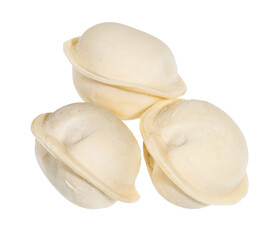 frozen Pelmeni (russian dumplings filled with minced meat) close up isolated on white background