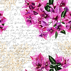 Seamless pattern with flowers of bougainvillea and handwritten text.