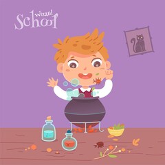 Kid in school of magic at class cooking potion. Boy with cauldron putting leaves and bugs in bubbling water in classroom vector illustration. Harry Potter style fantasy world. Room interior design
