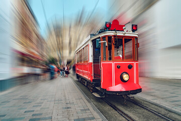 Fototapeta na wymiar The iconic red tram on Istiklal in Istanbul, Turkey