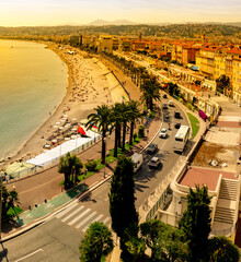 view on Azure coast in Nice, France at sunset