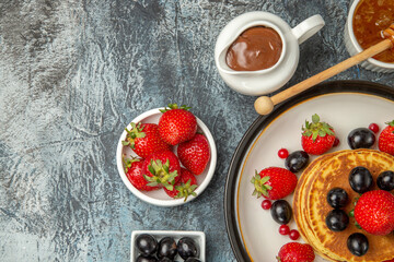 top view yummy pancakes with honey and fruits on light floor fruit cake sweet