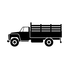 Farm truck icon. Black silhouette. Side view. Vector flat graphic illustration. The isolated object on a white background. Isolate.