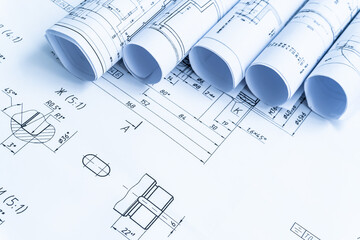 Blueprint rolls with technological blueprints