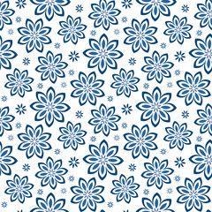 Beautiful blue flowers isolated on white background. Cute monochrome floral seamless pattern. Vector flat graphic illustration. Texture.