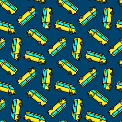 Yellow pixel minibuses isolated on blue background. Side view. Cute seamless pattern. Vector flat graphic illustration. Texture.