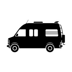 Motorhome icon. Minibus. Black silhouette. Side view. Vector flat graphic illustration. The isolated object on a white background. Isolate.