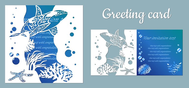 Killer whale, starfish, seaweed. Template for making a postcard. Vector image for laser cutting and plotter printing. Fauna with marine animals.