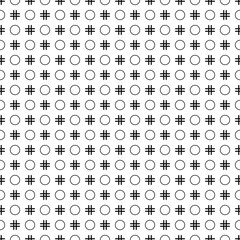 Circles, crosses pattern. Circle figures, hashtags seamless ornament. Rings, signs backdrop. Ethnic motif. Geometric wallpaper. Digital paper, textile print, web design, abstract image. Vector work.