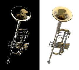 Upper angle view of brass trumpet with black and white variations 3d rendering